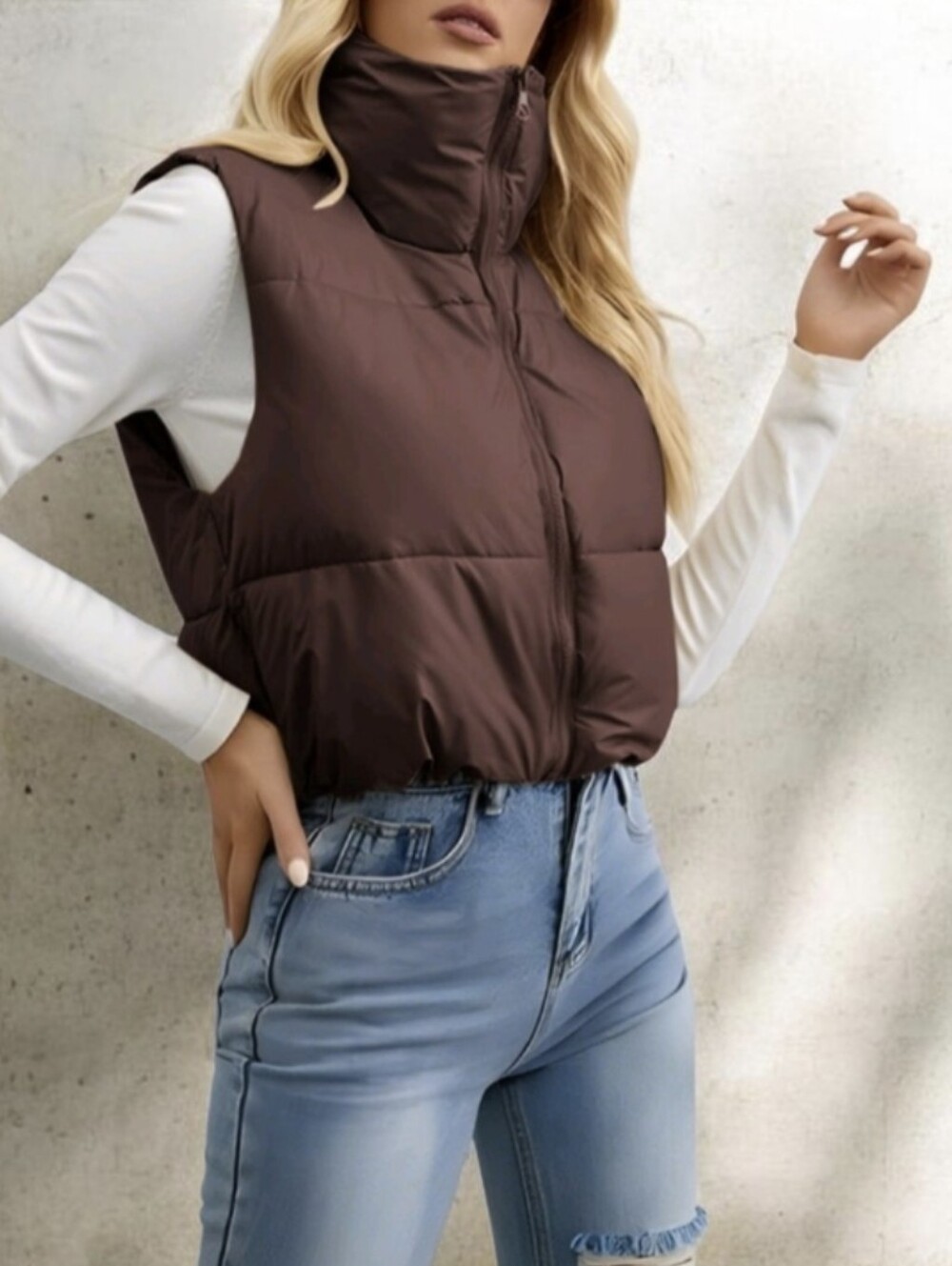 #K135 Crop Puffer Vest in Chocolate Brown